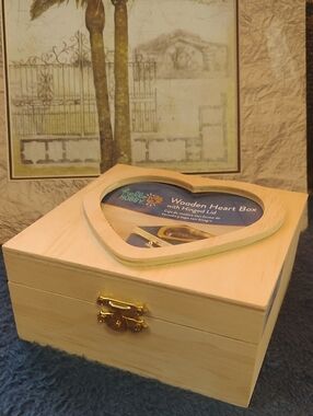 Wooden Heart Box with Hinged Lid - Natural Wood